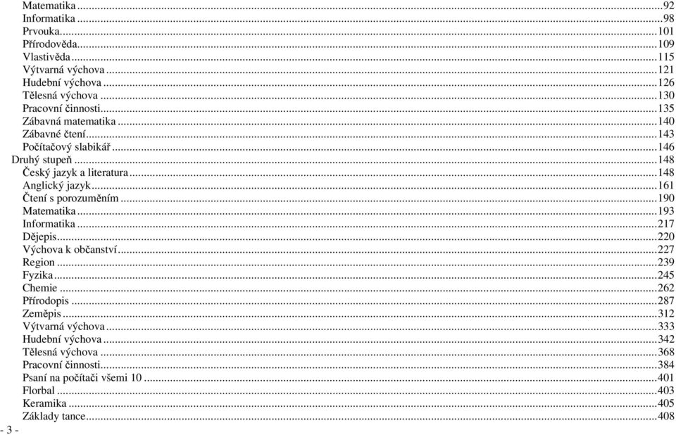 ..190 Matematika...193 Informatika...217 Dějepis...220 Výchova k občanství...227 Region...239 Fyzika...245 Chemie...262 Přírodopis...287 Zeměpis...312 Výtvarná výchova.