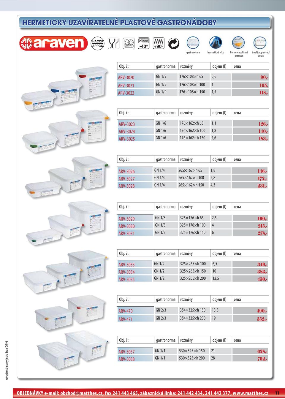 : gastronorma rozměry objem (l) cena ARV-3023 GN 1/6 176 162 h 65 1,1 126,- ARV-3024 GN 1/6 176 162 h 100 1,8 140,- ARV-3025 GN 1/6 176 162 h 150 2,6 183,- Obj. č.