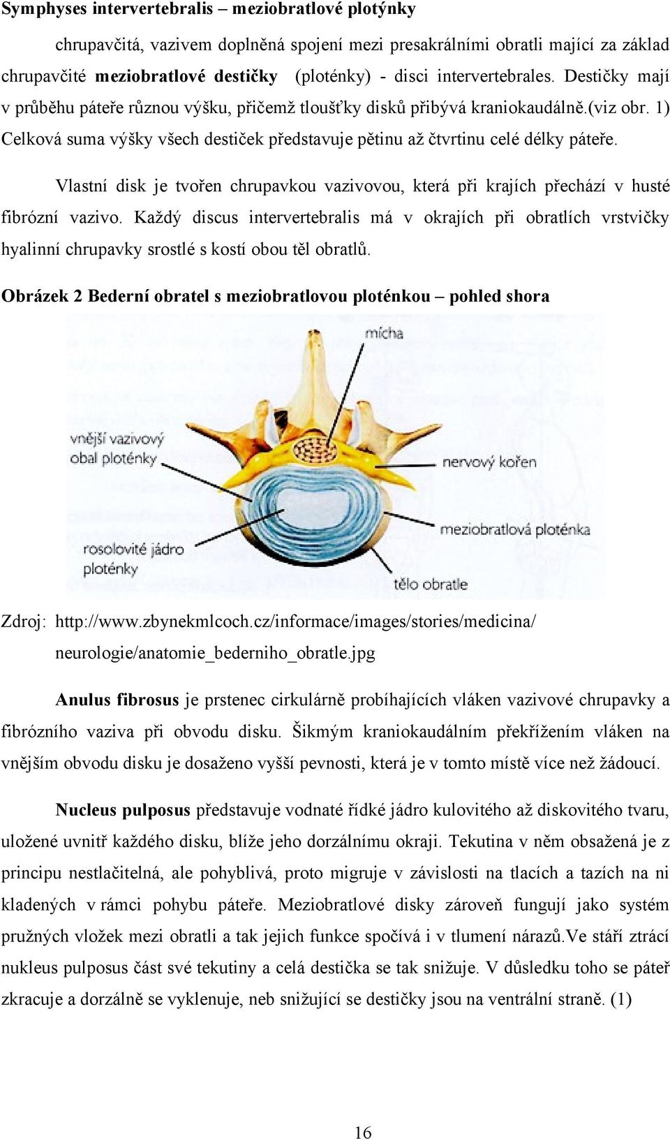 1) Celková suma výšky všech destiček představuje pětinu až čtvrtinu celé délky páteře. Vlastní disk je tvořen chrupavkou vazivovou, která při krajích přechází v husté fibrózní vazivo.