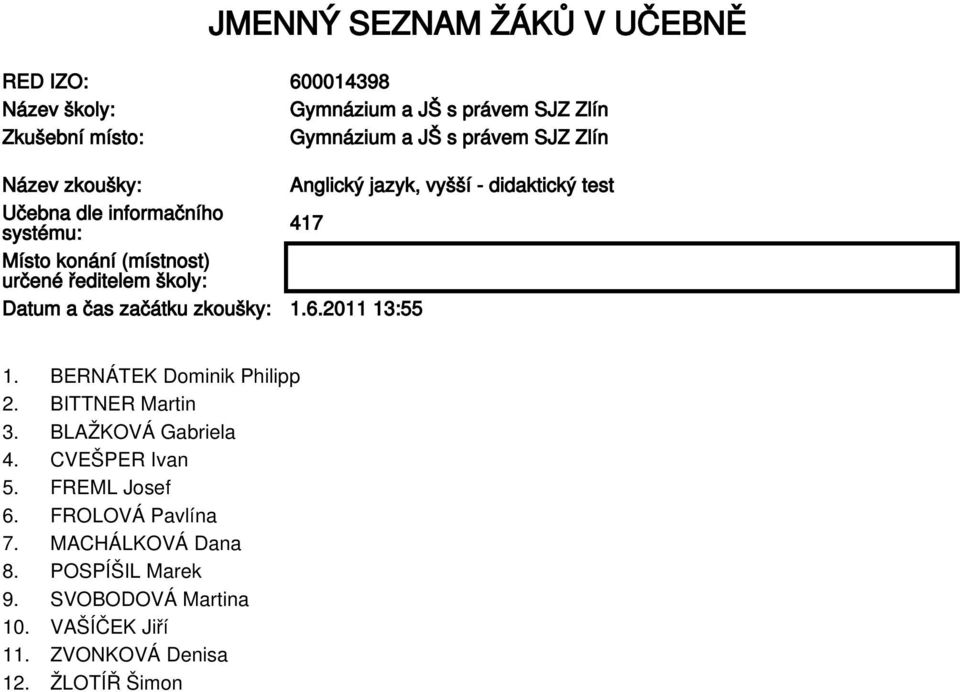 zkoušky: 1.6.2011 13:55 1. BERNÁTEK Dominik Philipp 2. BITTNER Martin 3. BLAŽKOVÁ Gabriela 4. CVEŠPER Ivan 5.