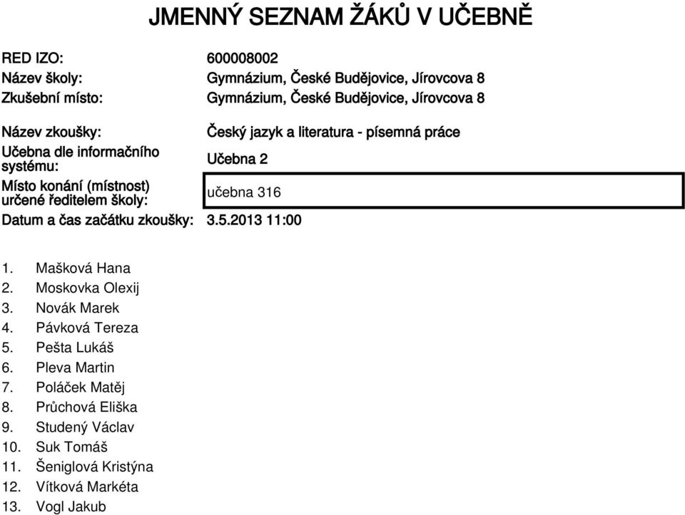 (místnost) určené ředitelem školy: Datum a čas začátku zkoušky: 3.5.2013 11:00 1. Mašková Hana 2. Moskovka Olexij 3. Novák Marek 4.