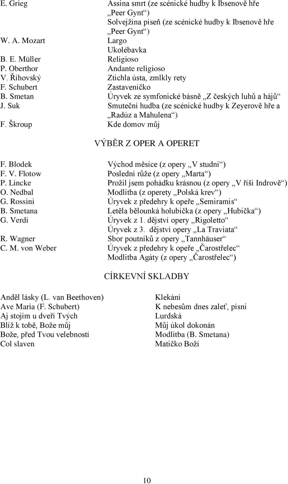 Suk Smuteční hudba (ze scénické hudby k Zeyerově hře a Radúz a Mahulena ) F. Škroup Kde domov můj VÝBĚR Z OPER A OPERET F. Blodek Východ měsíce (z opery V studni ) F. V. Flotow Poslední růže (z opery Marta ) P.