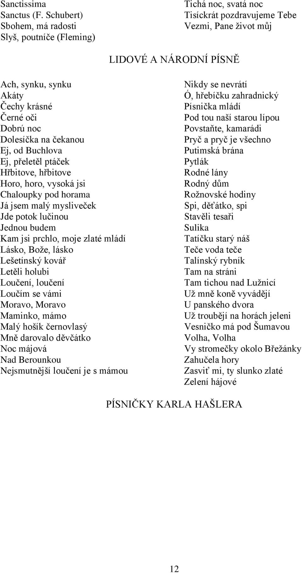 Dobrú noc Dolesíčka na čekanou Ej, od Buchlova Ej, přeletěl ptáček Hřbitove, hřbitove Horo, horo, vysoká jsi Chaloupky pod horama Já jsem malý mysliveček Jde potok lučinou Jednou budem Kam jsi