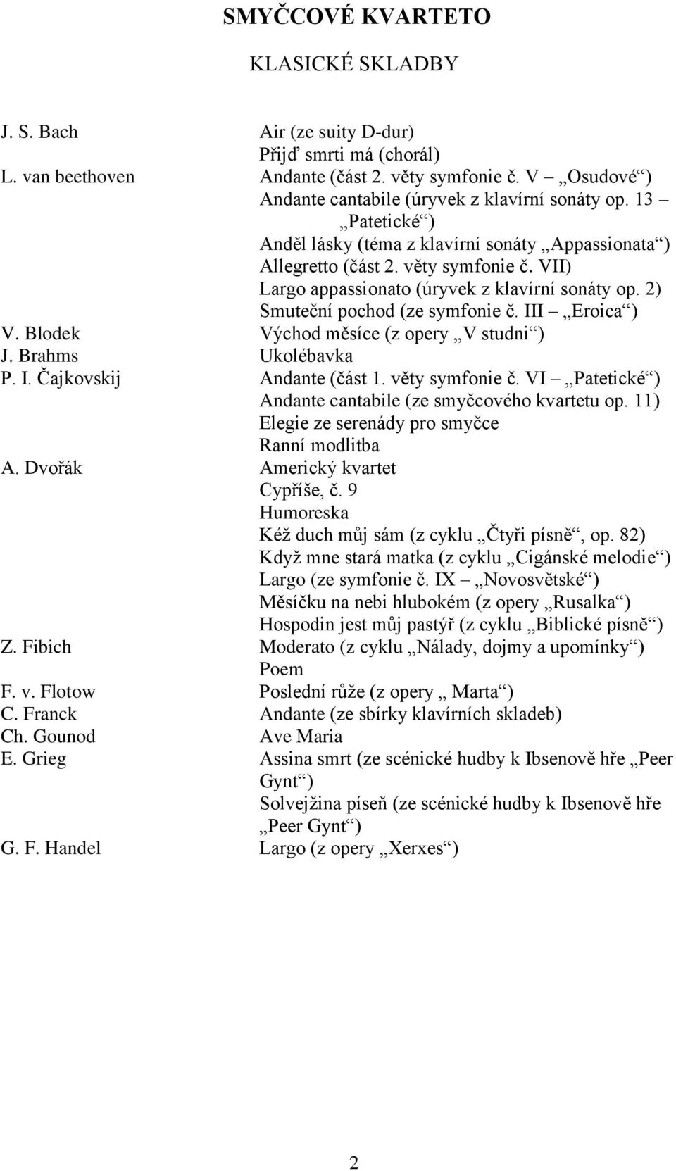 VII) Largo appassionato (úryvek z klavírní sonáty op. 2) Smuteční pochod (ze symfonie č. III Eroica ) V. Blodek Východ měsíce (z opery V studni ) J. Brahms Ukolébavka P. I. Čajkovskij Andante (část 1.