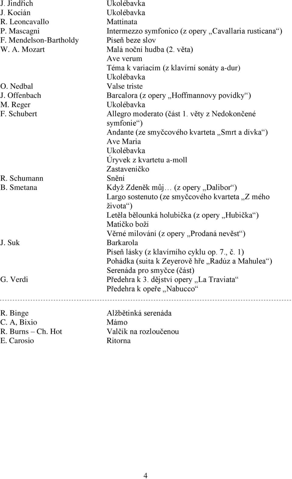 Schubert Allegro moderato (část 1. věty z Nedokončené symfonie ) Andante (ze smyčcového kvarteta Smrt a dívka ) Ave Maria Ukolébavka Úryvek z kvartetu a-moll Zastaveníčko R. Schumann Snění B.