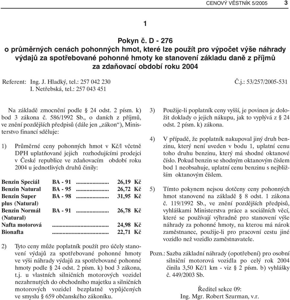 Ing. J. Hladký, tel.: 257 042 230 Č.j.: 53/257/2005-531 I. Netřebská, tel.: 257 043 451 Na základě zmocnění podle 24 odst. 2 písm. k) bod 3 zákona č. 586/1992 Sb.