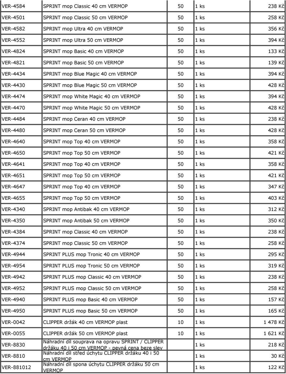 40 cm 50 1 394 Kč VER-4470 SPRINT mop White Magic 50 cm 50 1 428 Kč VER-4484 SPRINT mop Ceran 40 cm 50 1 238 Kč VER-4480 SPRINT mop Ceran 50 cm 50 1 428 Kč VER-4640 SPRINT mop Top 40 cm 50 1 358 Kč