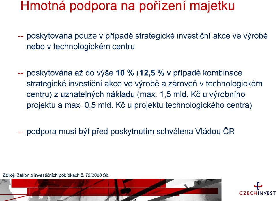 zároveň v technologickém centru) z uznatelných nákladů (max. 1,5 mld. Kč u výrobního projektu a max. 0,5 mld.