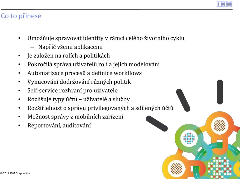 dodržování různých politik Self-service rozhraní pro uživatele Rozlišuje typy účtů uživatelé a služby Rozšiřielnost o