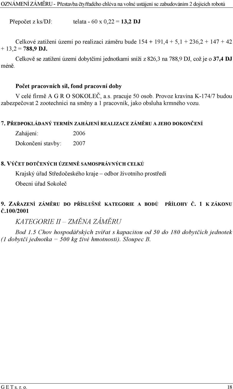 Provoz kravína K-174/7 budou zabezpečovat 2 zootechnici na směny a 1 pracovník, jako obsluha krmného vozu. 7.