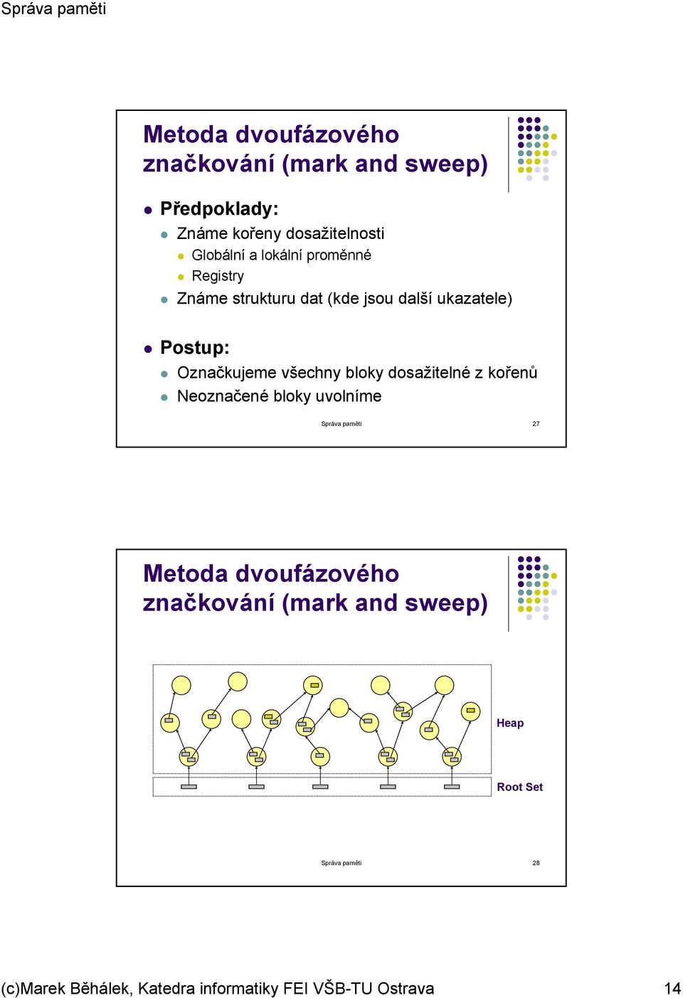 bloky dosažitelné z kořenů Neoznačené bloky uvolníme Správa paměti 27 Metoda dvoufázového značkování