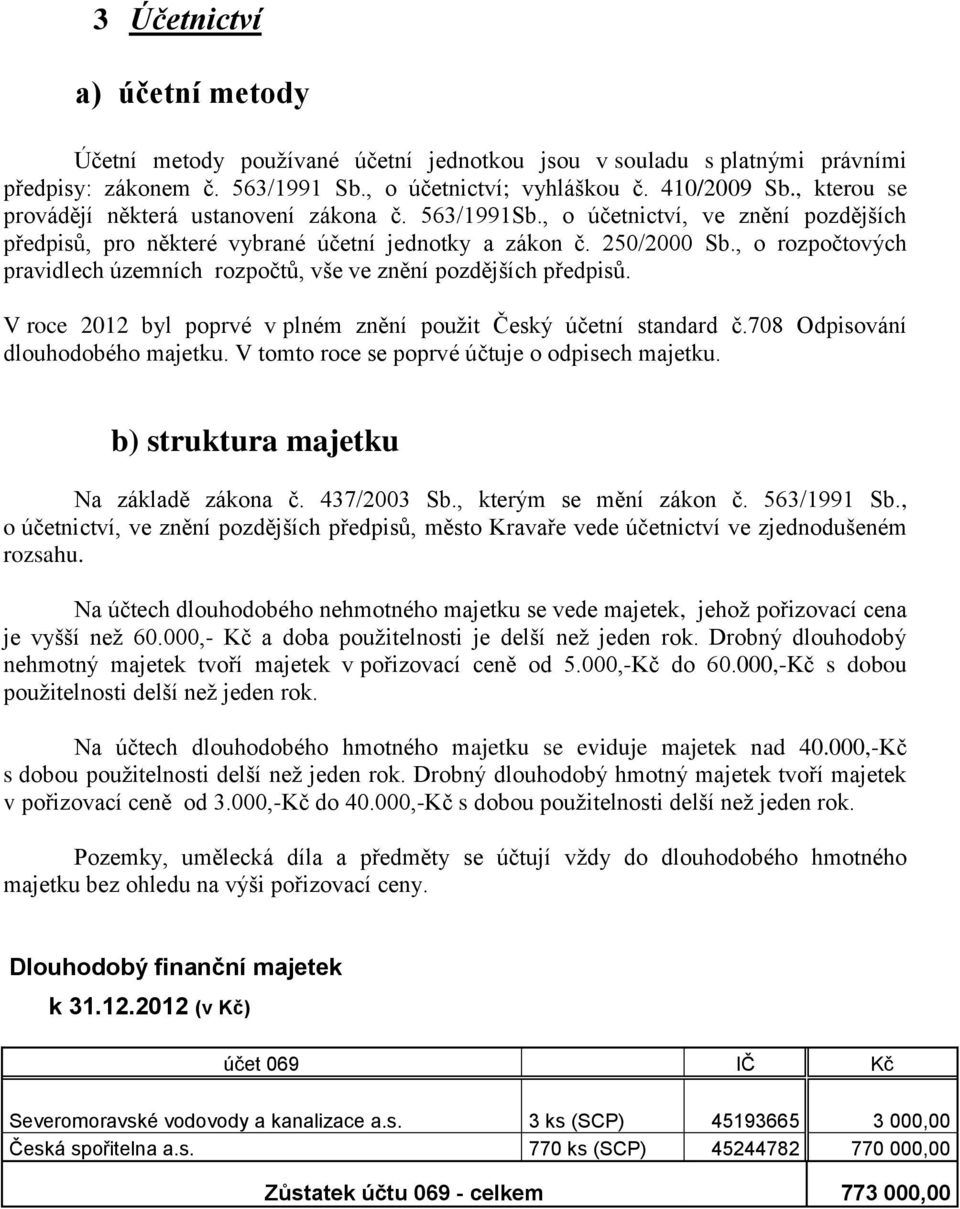 , o rozpočtových pravidlech územních rozpočtů, vše ve znění pozdějších předpisů. V roce 2012 byl poprvé v plném znění použit Český účetní standard č.708 Odpisování dlouhodobého majetku.