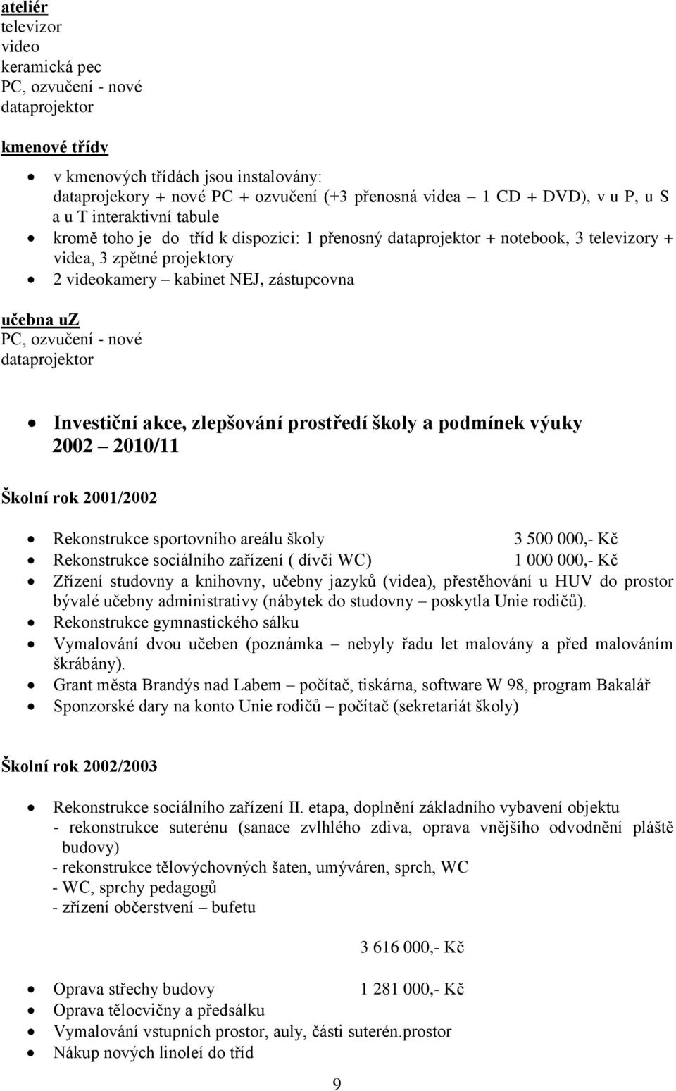 ozvučení nové dataprojektor Investiční akce, zlepšování prostředí školy a podmínek výuky 2002 2010/11 Školní rok 2001/2002 Rekonstrukce sportovního areálu školy 3 500 000, Kč Rekonstrukce sociálního