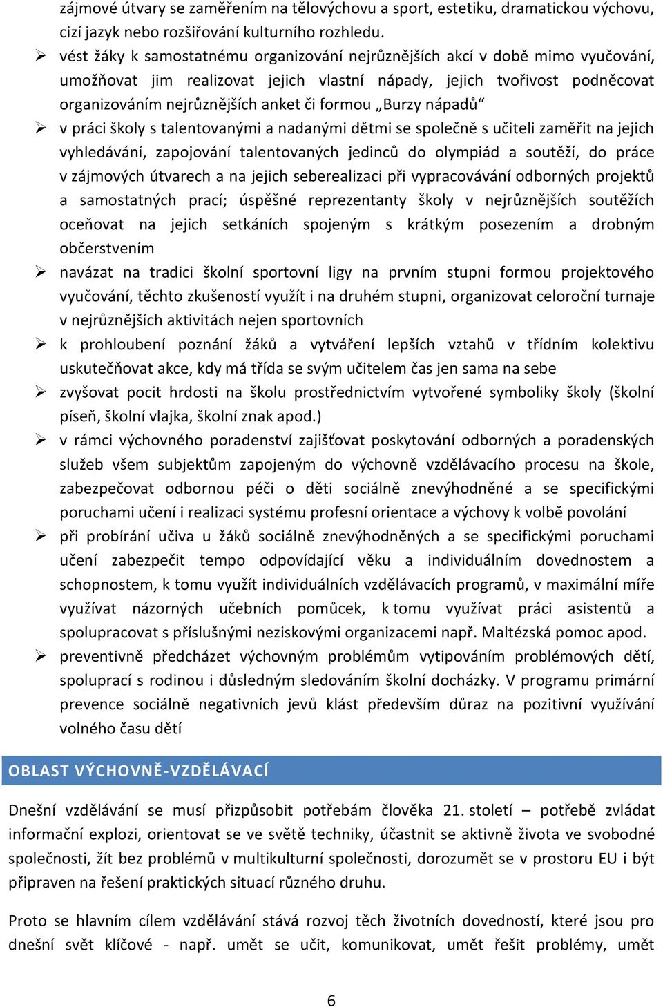 Burzy nápadů v práci školy s talentovanými a nadanými dětmi se společně s učiteli zaměřit na jejich vyhledávání, zapojování talentovaných jedinců do olympiád a soutěží, do práce v zájmových útvarech