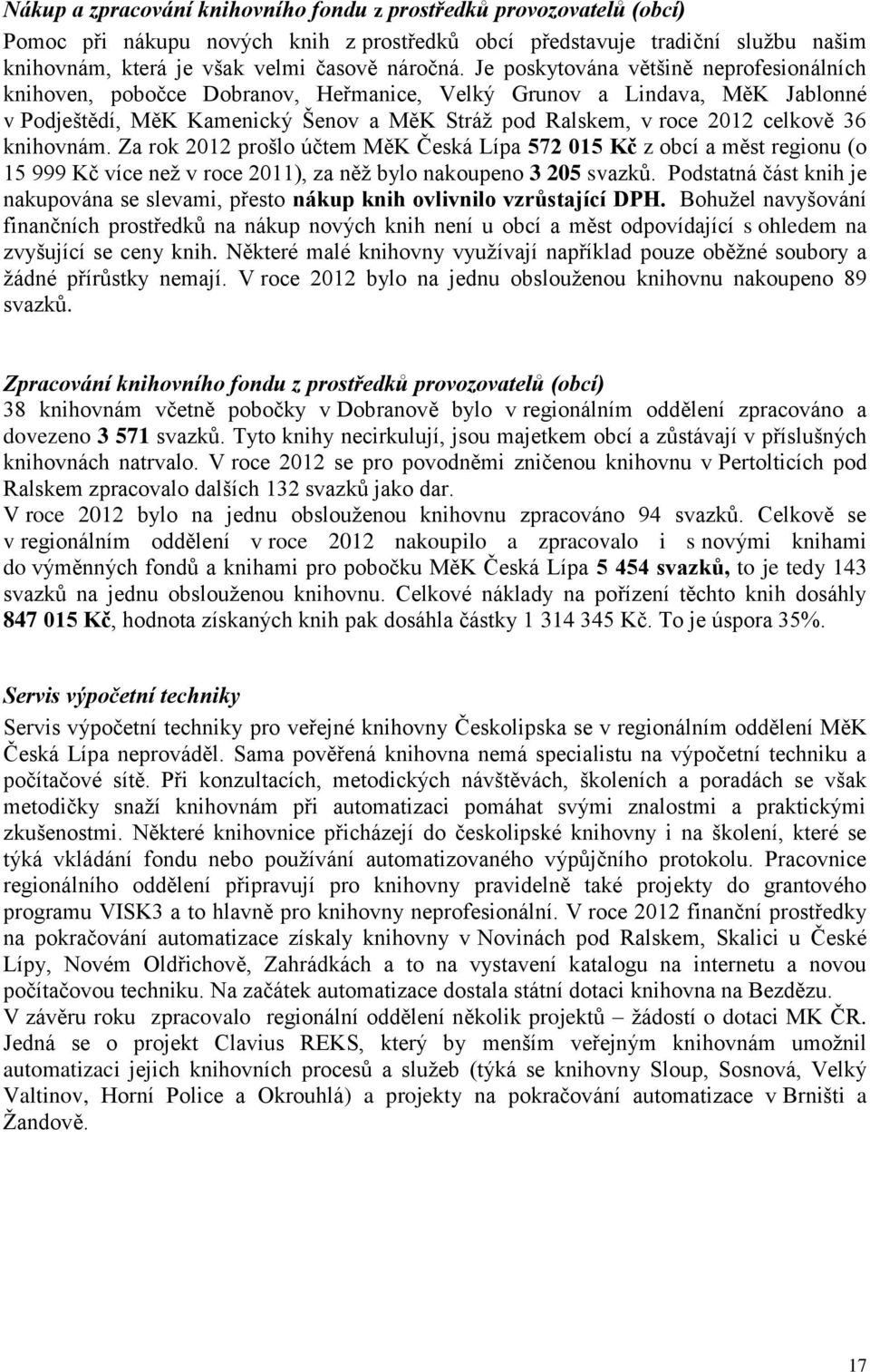 knihovnám. Za rok 2012 prošlo účtem MěK Česká Lípa 572 015 Kč z obcí a měst regionu (o 15 999 Kč více než v roce 2011), za něž bylo nakoupeno 3 205 svazků.