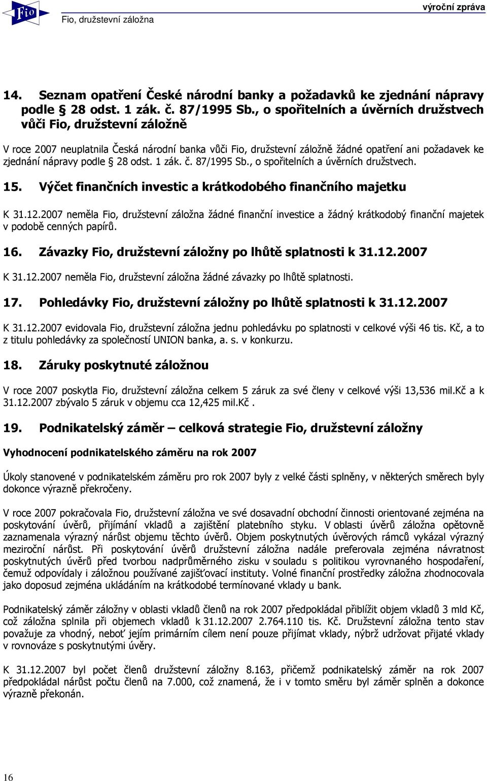 odst. 1 zák. č. 87/1995 Sb., o spořitelních a úvěrních družstvech. 15. Výčet finančních investic a krátkodobého finančního majetku K 31.12.