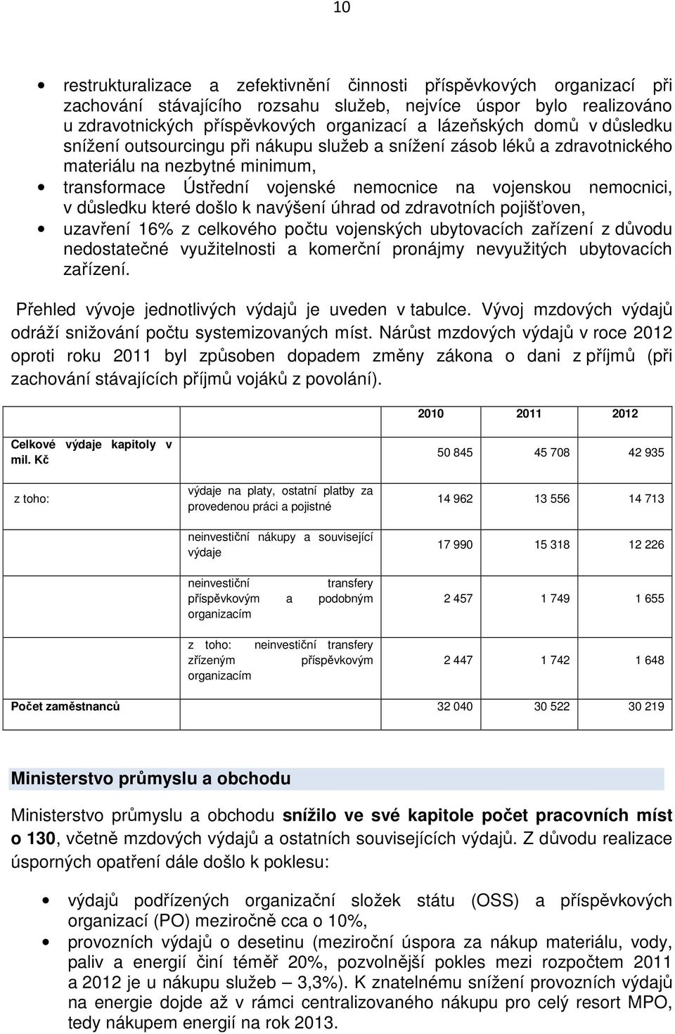 které došlo k navýšení úhrad od zdravotních pojišťoven, uzavření 16% z celkového počtu vojenských ubytovacích zařízení z důvodu nedostatečné využitelnosti a komerční pronájmy nevyužitých ubytovacích