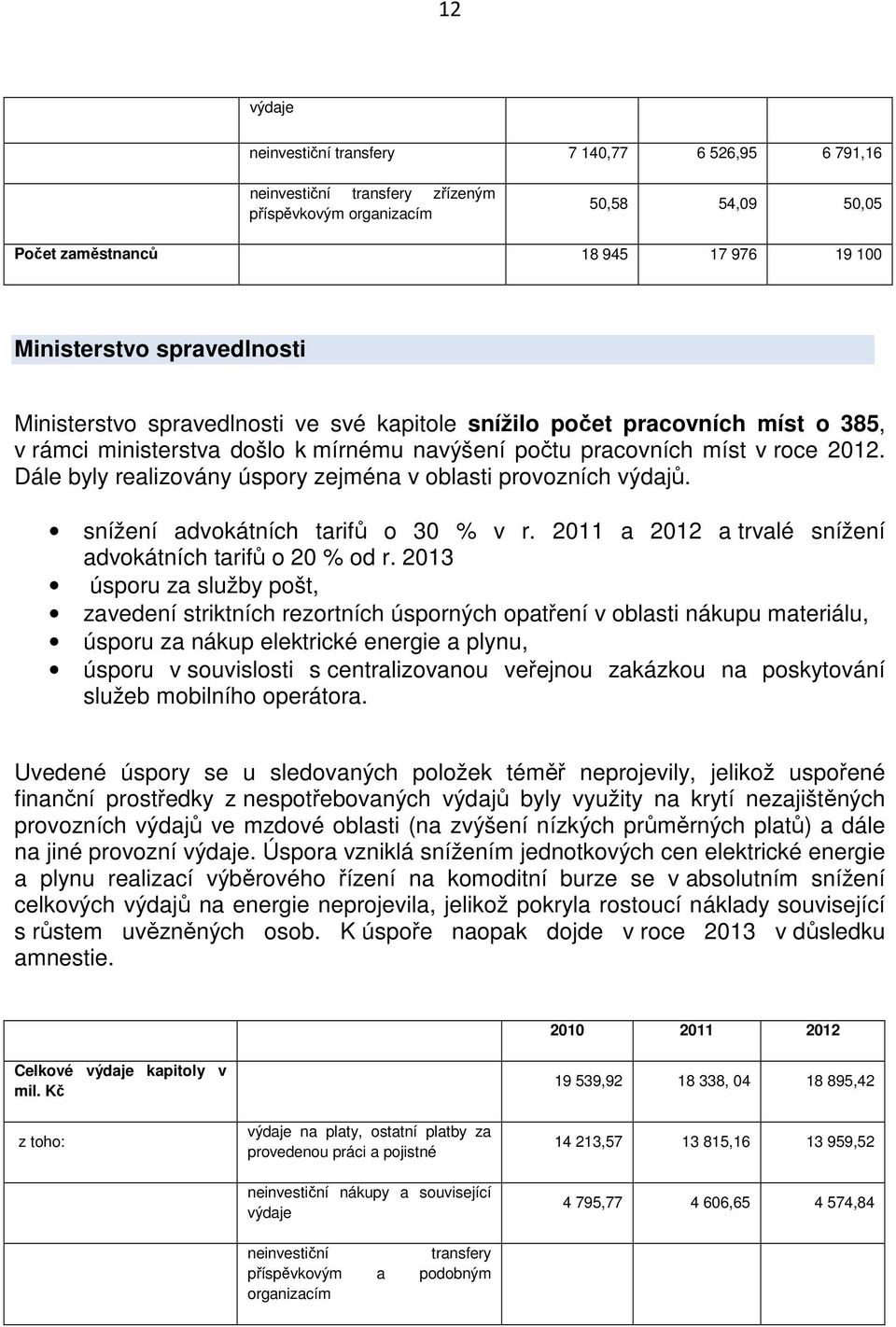 Dále byly realizovány úspory zejména v oblasti provozních výdajů. snížení advokátních tarifů o 30 % v r. 2011 a 2012 a trvalé snížení advokátních tarifů o 20 % od r.