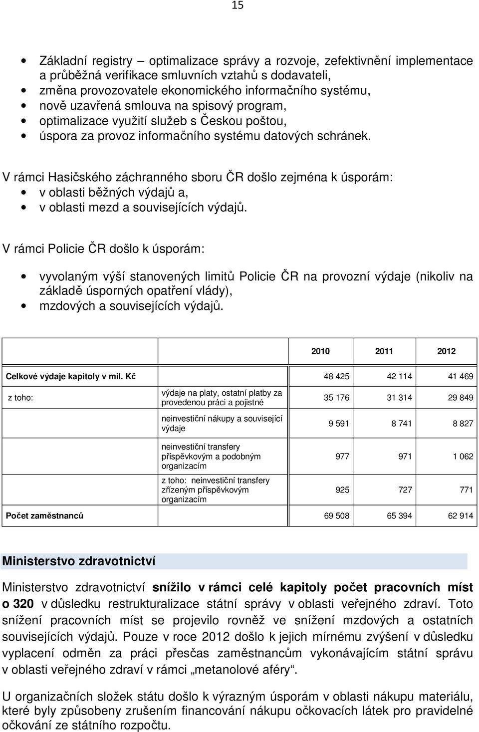 V rámci Hasičského záchranného sboru ČR došlo zejména k úsporám: v oblasti běžných výdajů a, v oblasti mezd a souvisejících výdajů.