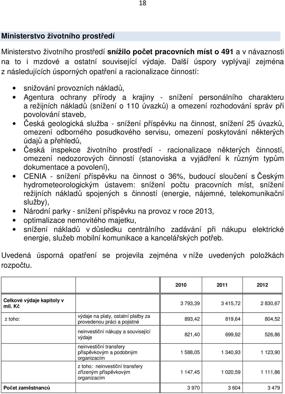 režijních nákladů (snížení o 110 úvazků) a omezení rozhodování správ při povolování staveb, Česká geologická služba - snížení příspěvku na činnost, snížení 25 úvazků, omezení odborného posudkového