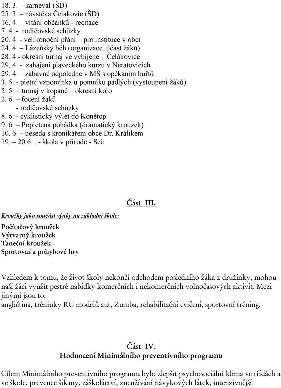 - pietní vzpomínka u pomníku padlých (vystoupení žáků) 5. 5. turnaj v kopané okresní kolo 2. 6. focení žáků - rodičovské schůzky 8. 6. - cyklistický výlet do Konětop 9. 6. Popletená pohádka (dramatický kroužek) 10.