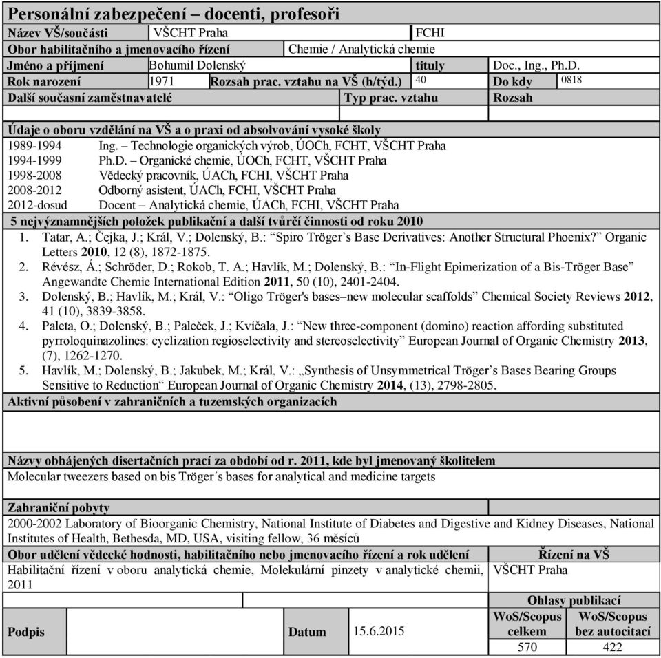 Organické chemie, ÚOCh, FCHT, 1998-2008 Vědecký pracovník, ÚACh, FCHI, 2008-2012 Odborný asistent, ÚACh, FCHI, 2012-dosud Docent Analytická chemie, ÚACh, FCHI, 5 nejvýznamnějších položek publikační a
