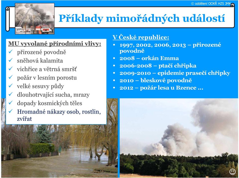 Hromadné nákazy osob, rostlin, zvířat V České republice: 1997, 2002, 2006, 2013 přirozené povodně 2008 orkán