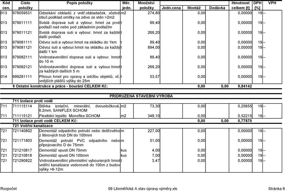 hmot za každé t 268,20 0,00 0,00000 19 -- další podlaží 013 979081111 Odvoz suti a vybour.hmot na skládku do 1km t 89,40 0,00 0,00000 19 -- 013 979081121 Odvoz suti a vybour.