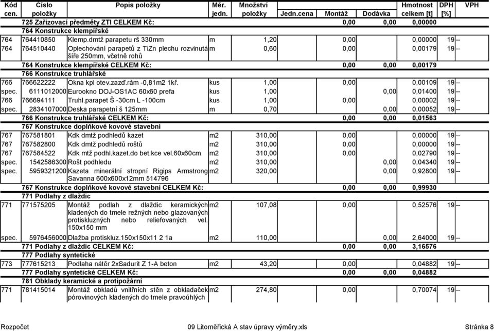 0,00 0,00179 766 Konstrukce truhlářské 766 766622222 Okna kpl otev.zazď.rám -0,81m2 1kř. kus 1,00 0,00 0,00109 19 -- spec.