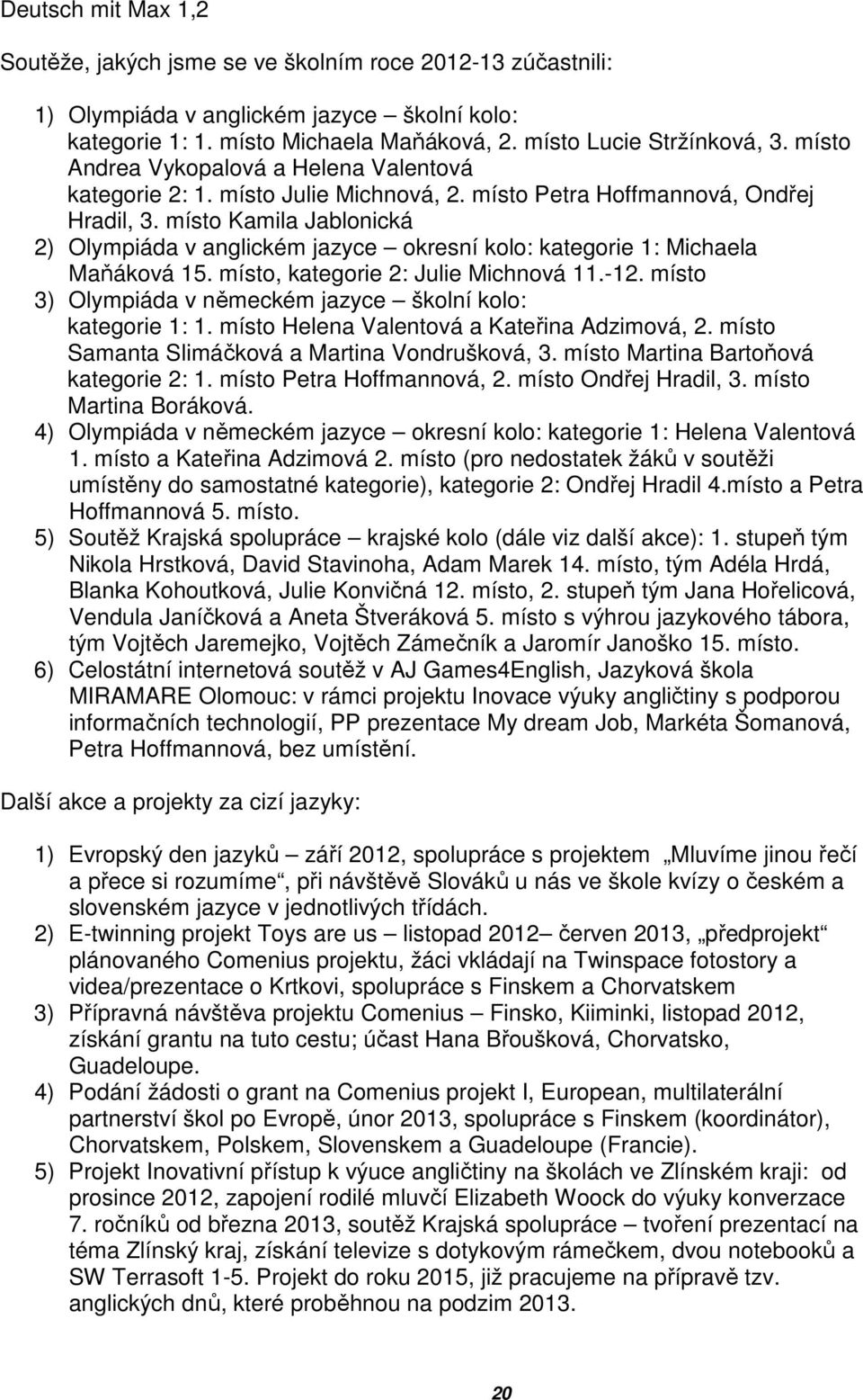 místo Kamila Jablonická 2) Olympiáda v anglickém jazyce okresní kolo: kategorie 1: Michaela Maňáková 15. místo, kategorie 2: Julie Michnová 11.-12.