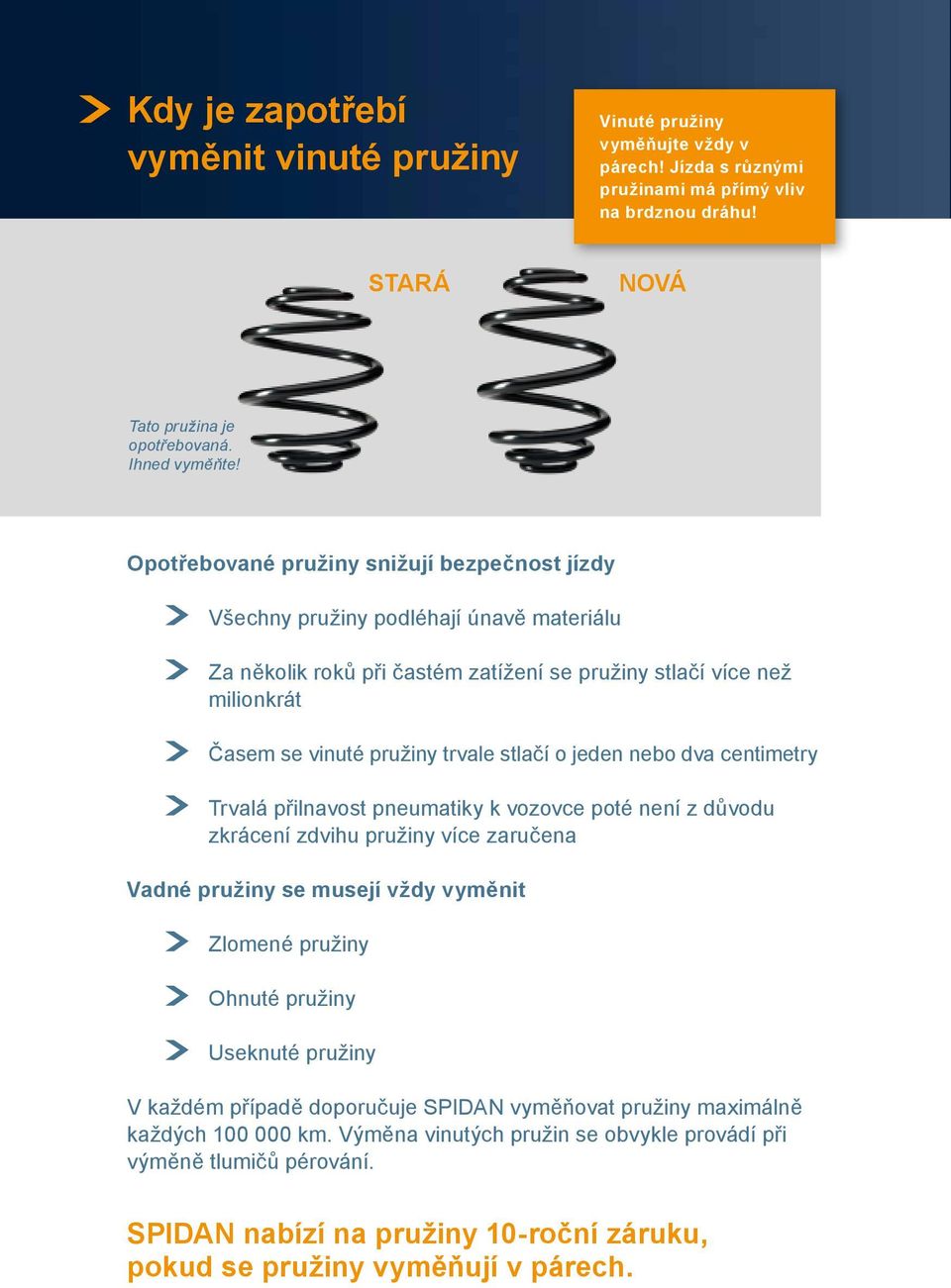 o jeden nebo dva centimetry Trvalá přilnavost pneumatiky k vozovce poté není z důvodu zkrácení zdvihu pružiny více zaručena Vadné pružiny se musejí vždy vyměnit Zlomené pružiny Ohnuté pružiny