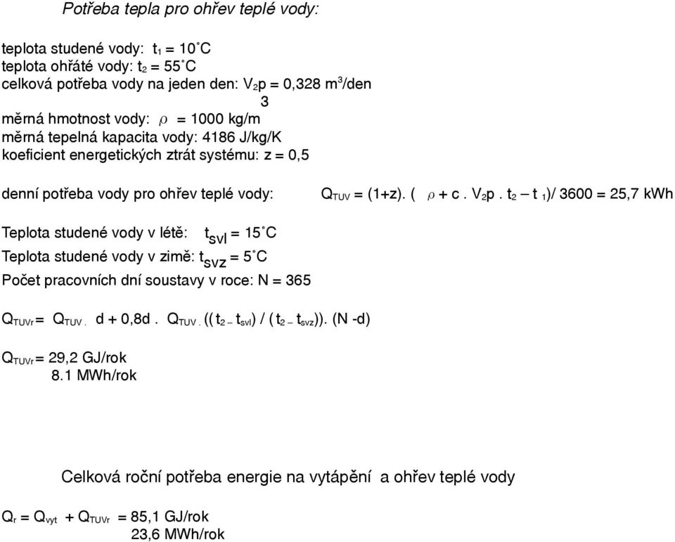 t 2 t 1 )/ 3600 = 25,7 kwh Teplota studené vody v létě: t svl = 15 C Teplota studené vody v zimě: t svz = 5 C Počet pracovních dní soustavy v roce: N = 365 Q TUVr = Q TUV. d + 0,8d.