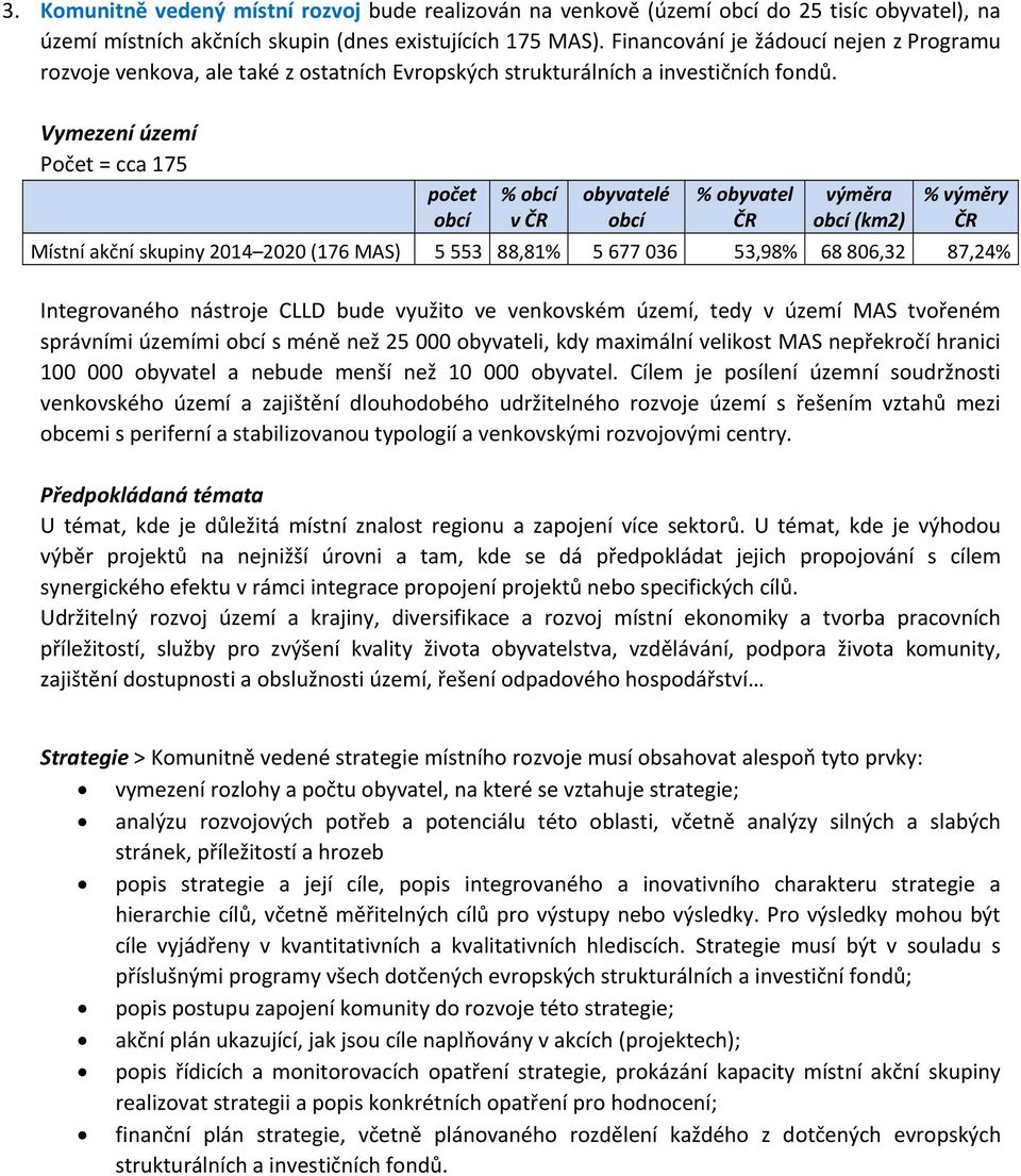 Vymzní úzmí Pčt = cc 175 pčt bcí % bcí ČR bytlé bcí % bytl ČR ýměr bcí (m2) % ýměry ČR Místní ční supiny 2014 2020 (176 MAS) 5 553 88,81% 5 677 036 53,98% 68 806,32 87,24% Intgrnéh nástrj CLLD bud