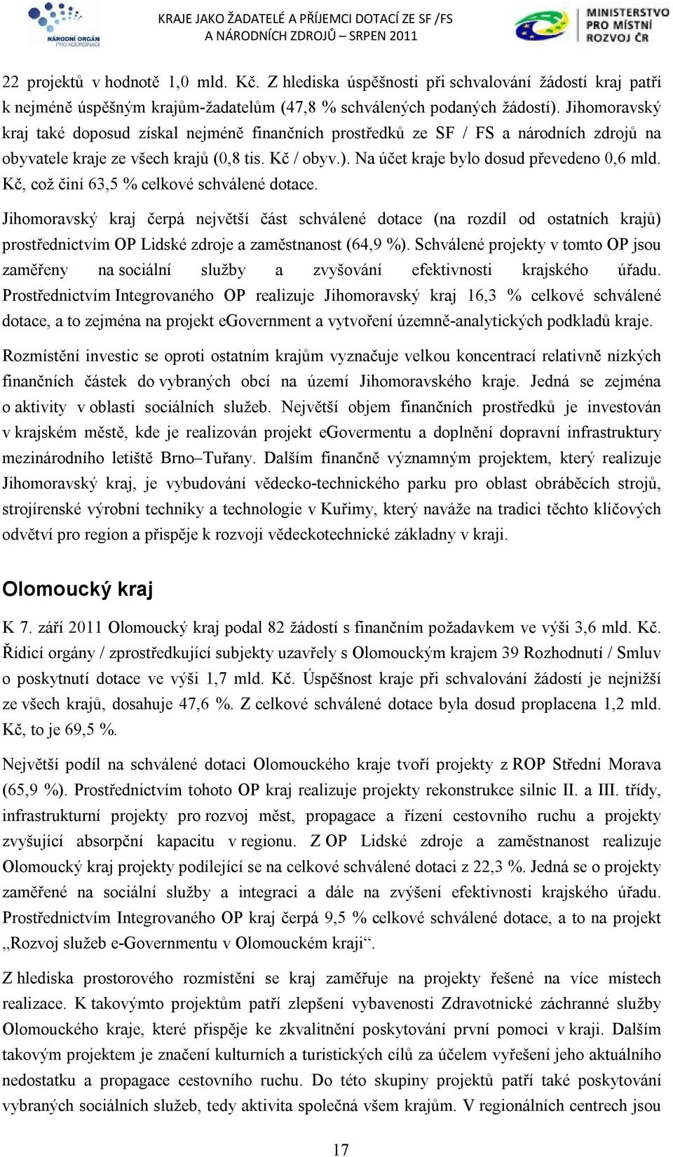 Kč, což činí 63,5 % celkové schválené dotace. Jihomoravský kraj čerpá největší část schválené dotace (na rozdíl od ostatních krajů) prostřednictvím OP Lidské zdroje a zaměstnanost (64,9 %).