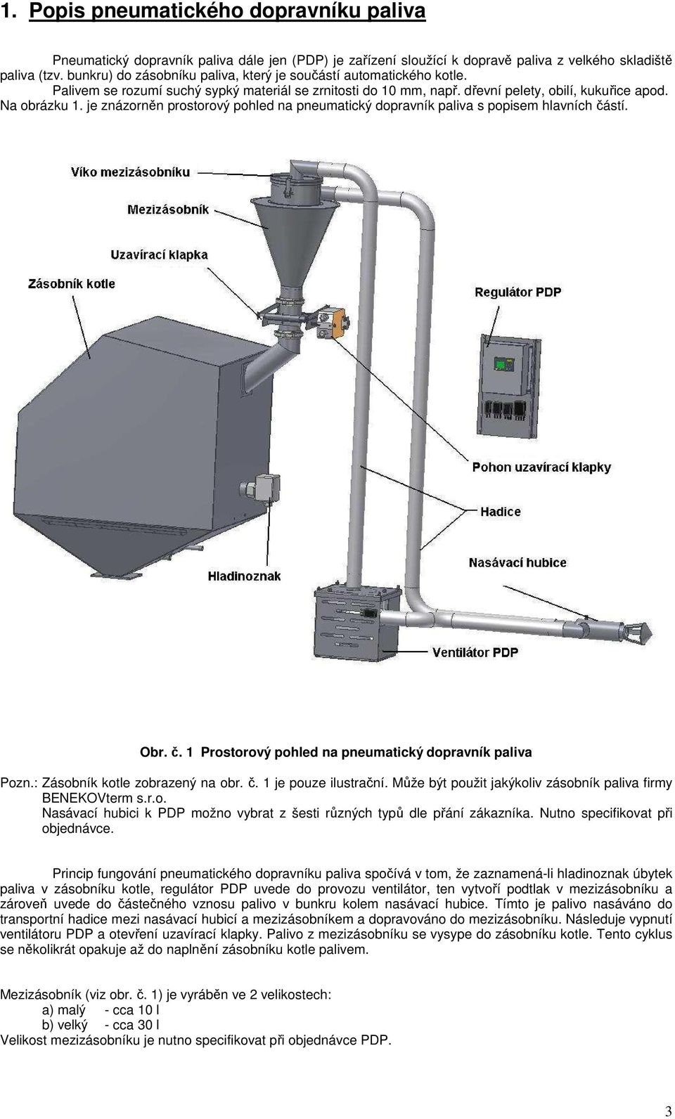 je znázorněn prostorový pohled na pneumatický dopravník paliva s popisem hlavních částí. Obr. č. 1 Prostorový pohled na pneumatický dopravník paliva Pozn.: Zásobník kotle zobrazený na obr. č. 1 je pouze ilustrační.
