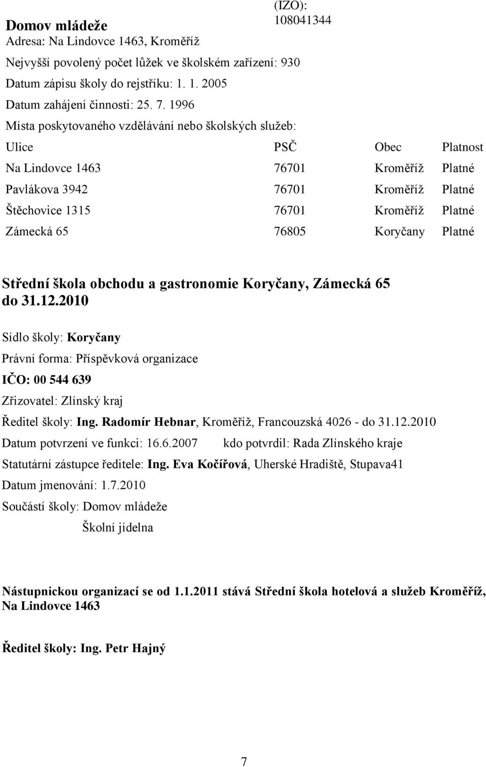 Kroměříž Platné Zámecká 65 76805 Koryčany Platné Střední škola obchodu a gastronomie Koryčany, Zámecká 65 do 31.12.