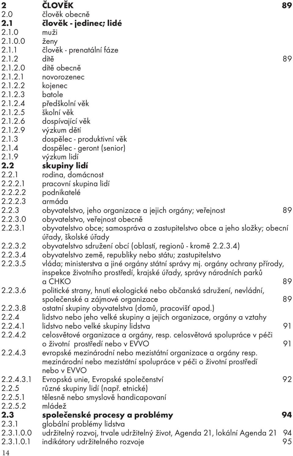 2.2.1 pracovní skupina lidí 2.2.2.2 podnikatelé 2.2.2.3 armáda 2.2.3 obyvatelstvo, jeho organizace a jejich orgány; veřejnost 89 2.2.3.0 obyvatelstvo, veřejnost obecně 2.2.3.1 obyvatelstvo obce; samospráva a zastupitelstvo obce a jeho složky; obecní úřady, školské úřady 2.
