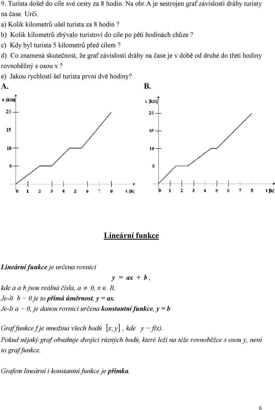d) Co znamená skutečnost, že graf závislosti dráhy na čase je v době od druhé do třetí hodiny rovnoběžný s osou x? e) Jakou rychlostí šel turista první dvě hodiny? A. B.