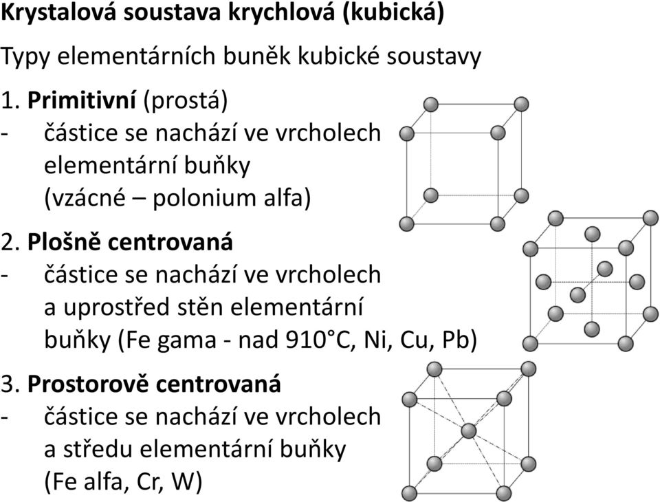 Plošně centrovaná - částice se nachází ve vrcholech a uprostřed stěn elementární buňky (Fe gama - nad