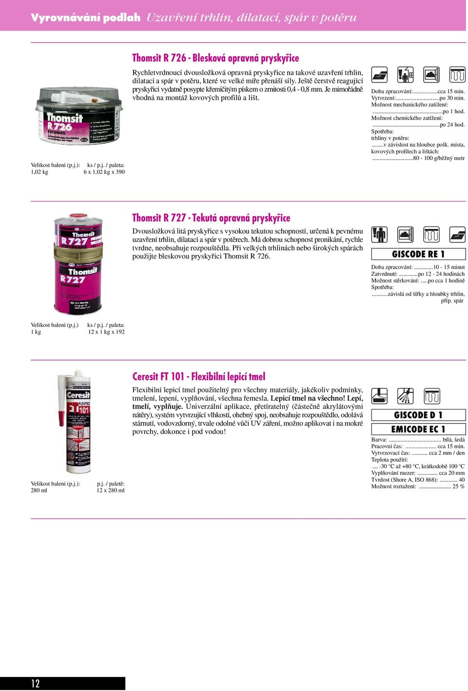 / paleta: 1,02 kg 6 x 1,02 kg x 390 Thomsit R 726 - Blesková opravná pryskyřice Rychletvrdnoucí dvousloïková opravná pryskyfiice na takové uzavfiení trhlin, dilatací a spár v potûru, které ve velké