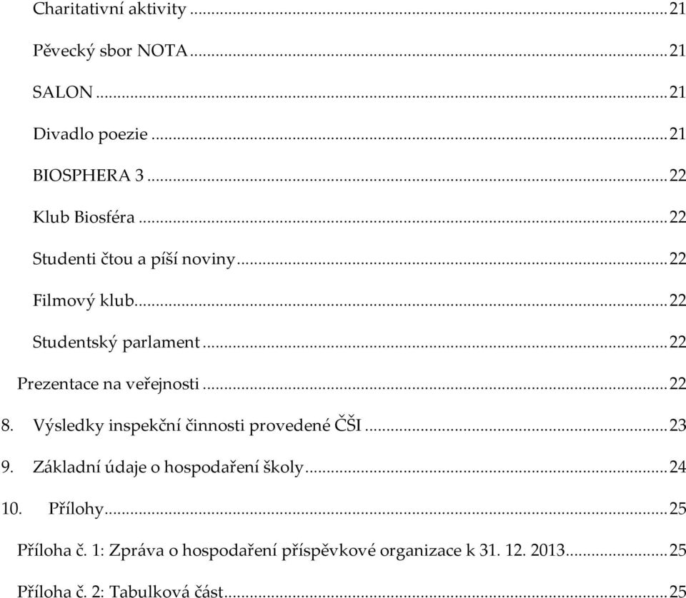 .. 22 8. Výsledky inspekční činnosti provedené ČŠI... 23 9. Základní údaje o hospodaření školy... 24 10. Přílohy.