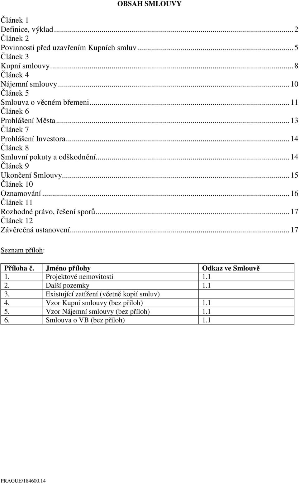 ..15 Článek 10 Oznamování...16 Článek 11 Rozhodné právo, řešení sporů...17 Článek 12 Závěrečná ustanovení...17 Seznam příloh: Příloha č. Jméno přílohy Odkaz ve Smlouvě 1.