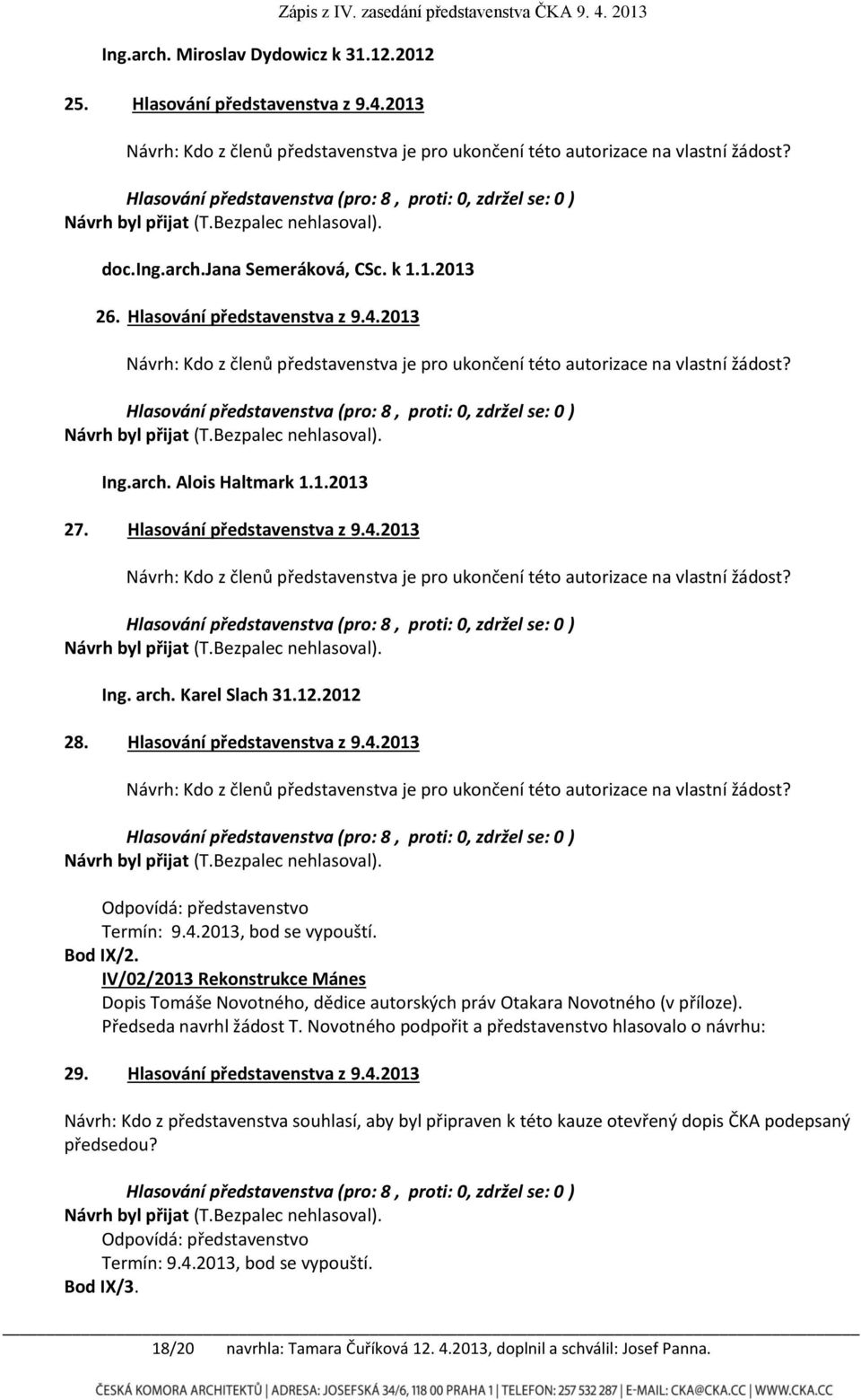 Hlasování představenstva z 9.4.2013 Návrh: Kdo z členů představenstva je pro ukončení této autorizace na vlastní žádost? Návrh byl přijat (T.Bezpalec nehlasoval). Ing.arch. Alois Haltmark 1.1.2013 27.