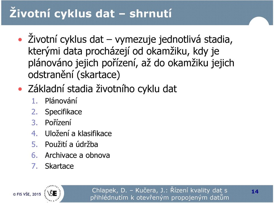 odstranění (skartace) Základní stadia životního cyklu dat 1. Plánování 2.