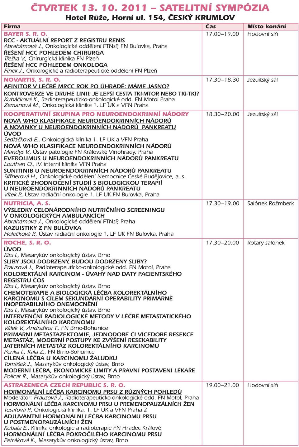 , Onkologické a radioterapeutické oddělení FN Plzeň NOVARTIS, S. R. O. 7.0 8.0 Jezuitský sál AFINITOR V LÉČBĚ MRCC ROK PO ÚHRADĚ: MÁME JASNO?