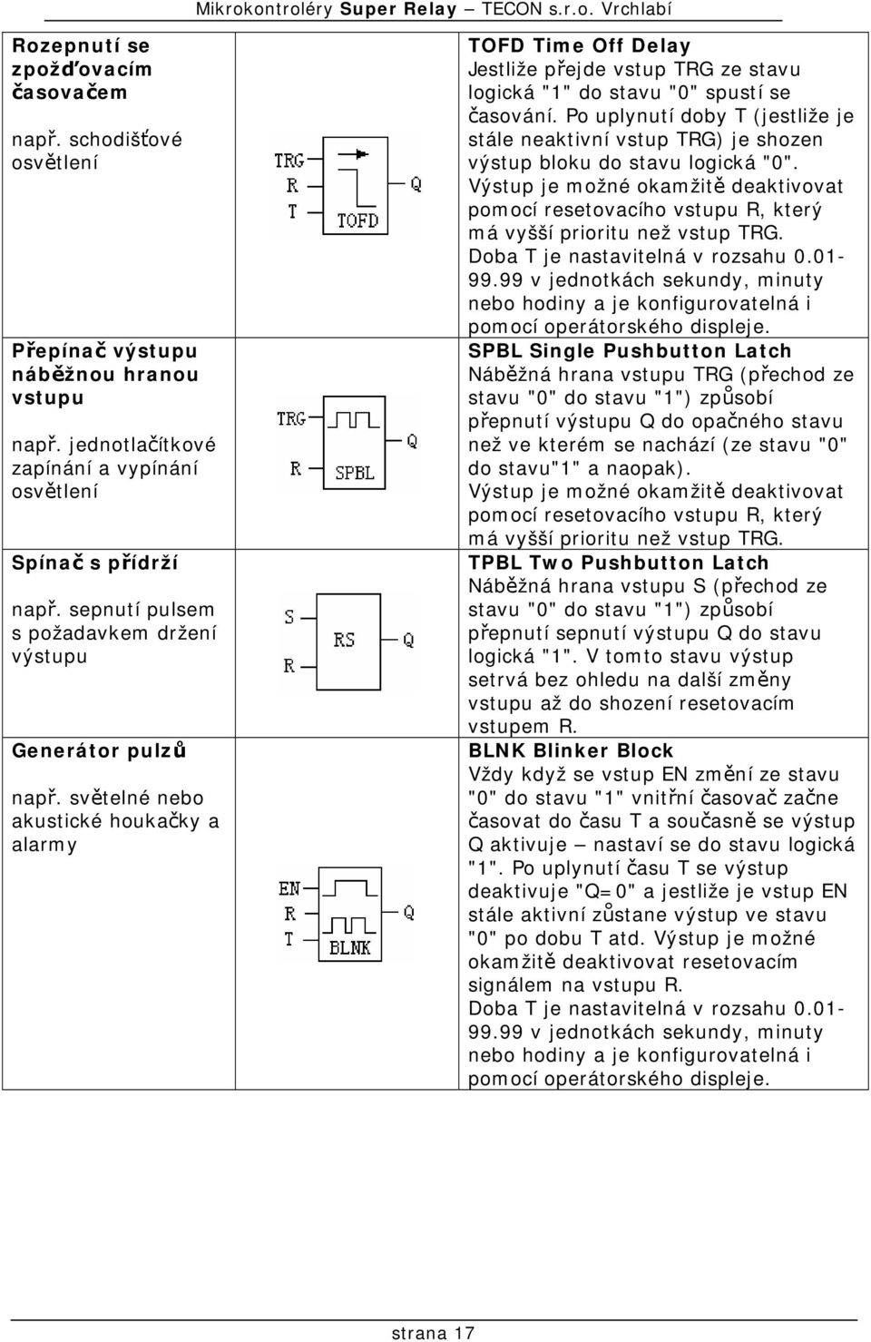 světelné nebo akustické houkačky a alarmy TOFD Time Off Delay Jestliže přejde vstup TRG ze stavu logická "1" do stavu "0" spustí se časování.