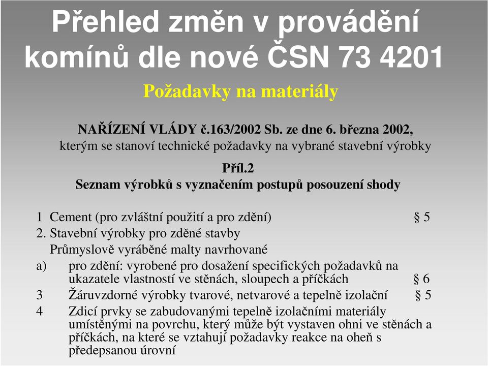 Stavební výrobky pro zděné stavby Průmyslově vyráběné malty navrhované a) pro zdění: vyrobené pro dosažení specifických požadavků na ukazatele vlastností ve stěnách, sloupech a příčkách 6