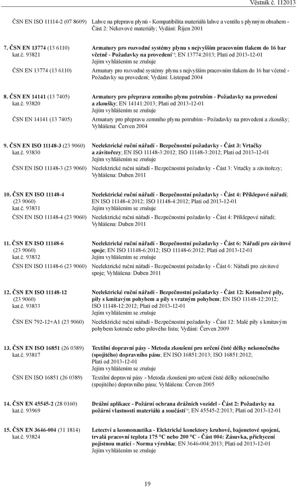 93821 Armatury pro rozvodné systémy plynu s nejvyšším pracovním tlakem do 16 bar včetně - Požadavky na provedení +) ; EN 13774:2013; Platí od 2013-12-01 Jejím vyhlášením se zrušuje ČSN EN 13774 (13