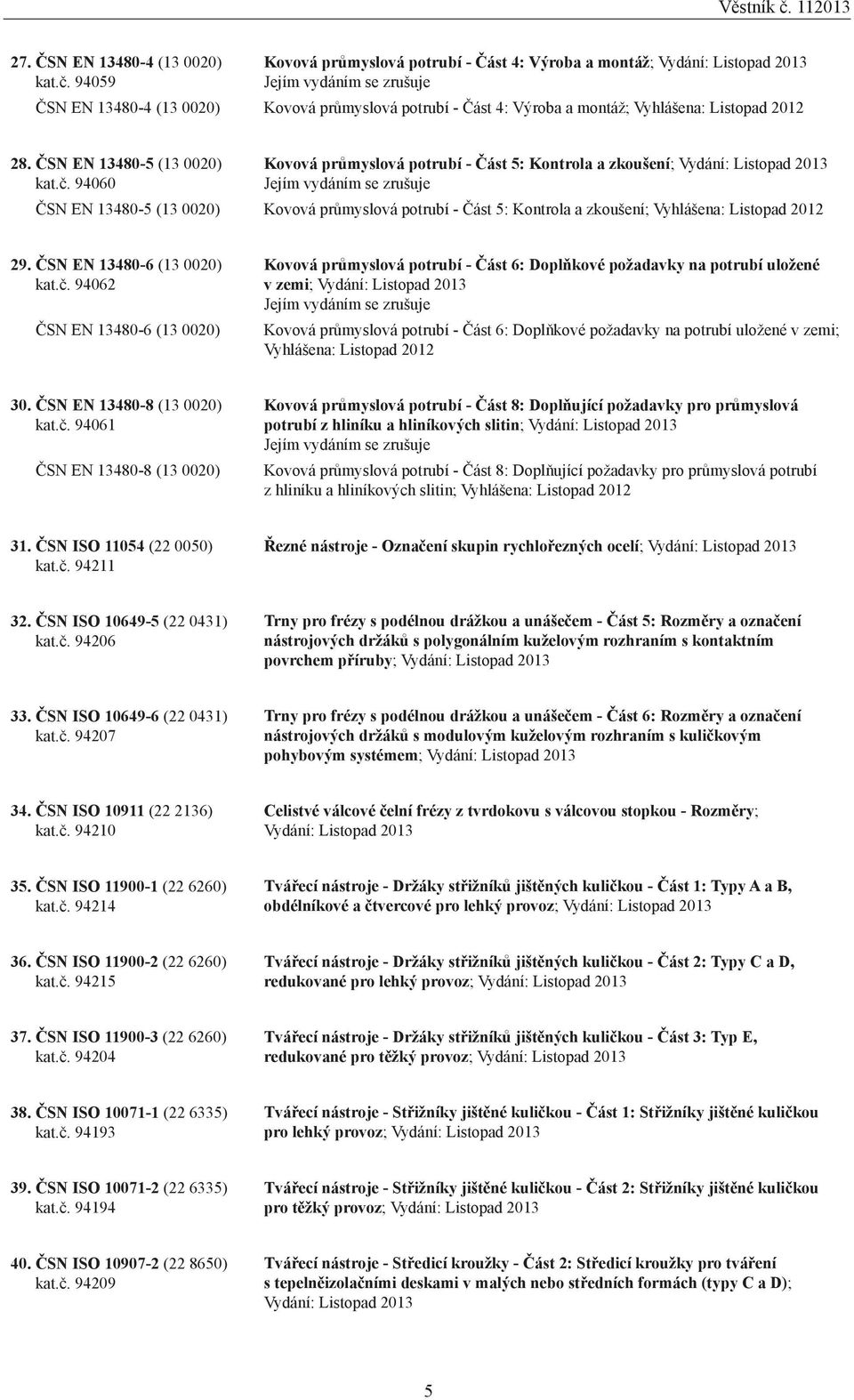 94060 Kovová průmyslová potrubí - Část 5: Kontrola a zkoušení; ČSN EN 13480-5 (13 0020) Kovová průmyslová potrubí - Část 5: Kontrola a zkoušení; Vyhlášena: Listopad 2012 29.