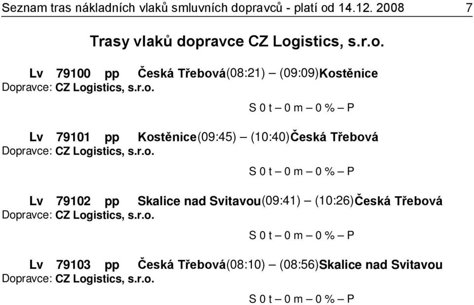 r.o. Lv 79103 pp Česká Třebová(08:10) (08:56)Skalice nad Svitavou Dopravce: CZ Logistics, s.r.o.